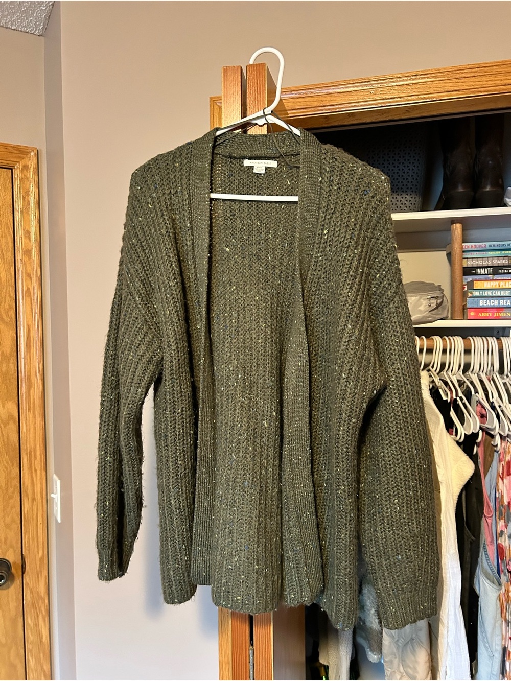 American Eagle Outfitters Olive Green Open-Front Knit Cardigan